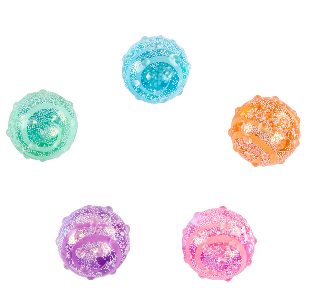 Five different colored stress balls with a spiral design, satisfying bumps adding texture to the surface, and a sparkly glitter fill colors include: blue, orange, pink, purple and green and each glow in the dark. 