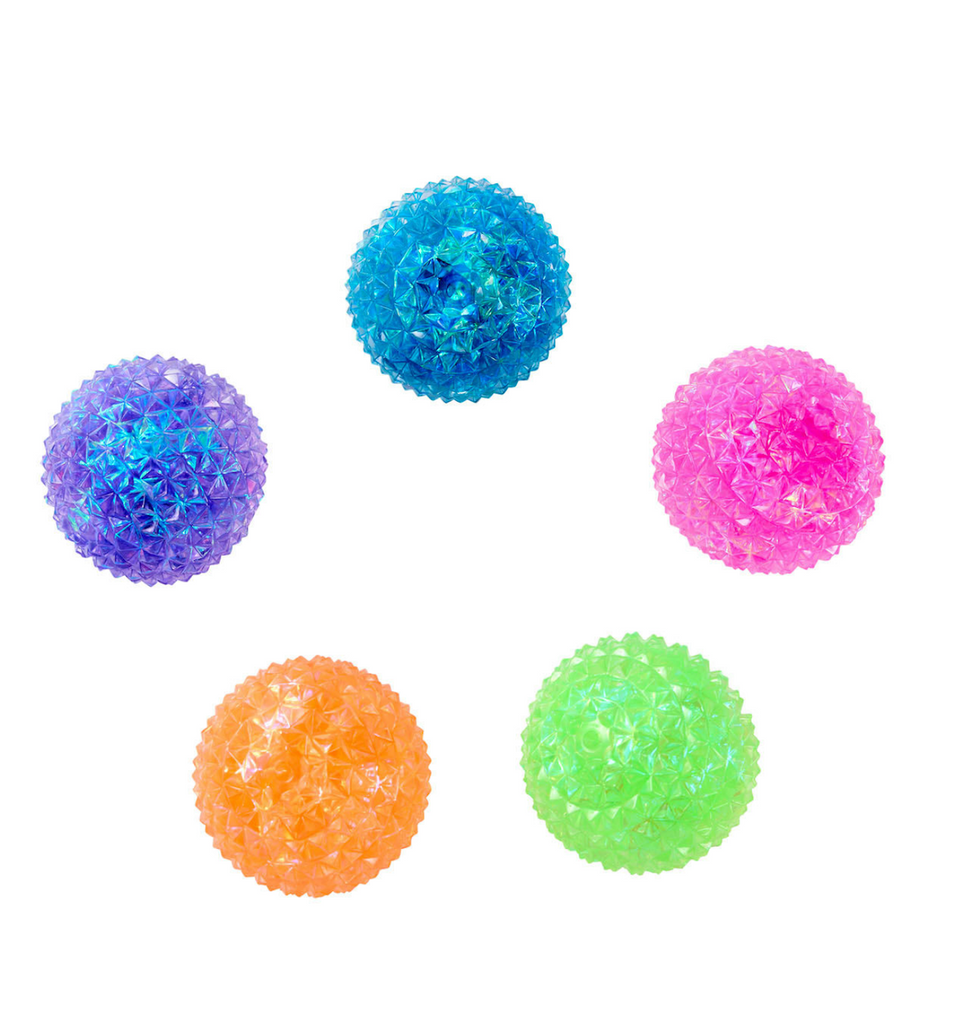 All the assorted colors available from the J'adore Spiky Squishy Orb, purple, blue, pink, orange and green. Each Sold separately. 