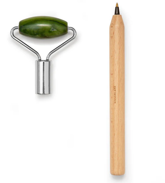 Ballpoint pen with woodgrain barrel and jade roller top. 