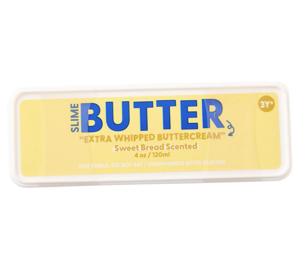 J'adore Butter Slime packaged in a clear box with blue lettering that reads Slime Butter "Extra Whipped Buttercream"
