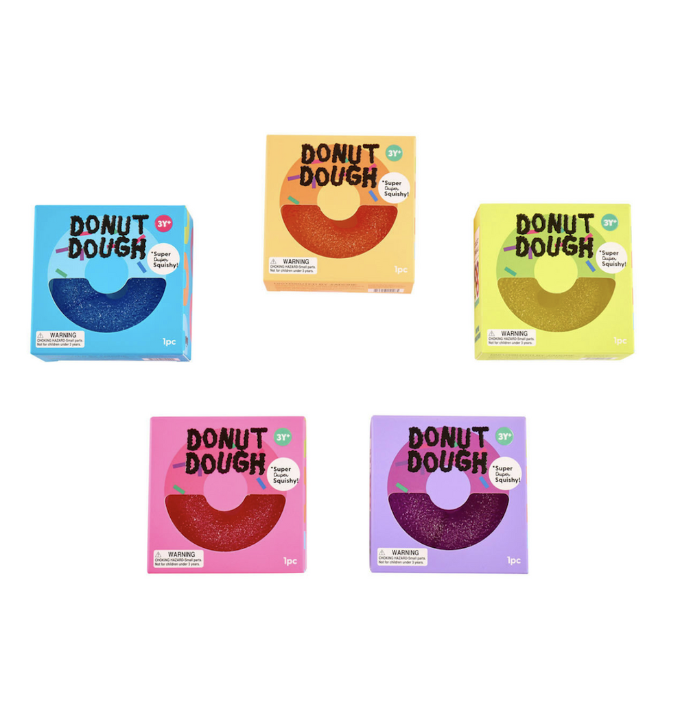 Five Donut Dough Squish toys packaged in boxes that match each ones color with an opening on the front that allows the texture and squish factor to be tested. 