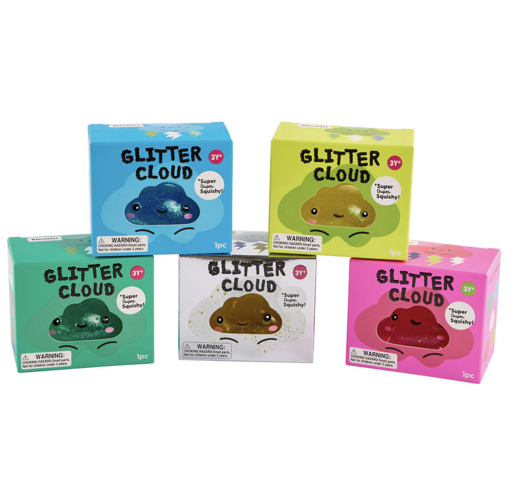 A stack of the Glitter Cloud Slime from J'adore all packaged in corresponding color boxes to the colors inside. 