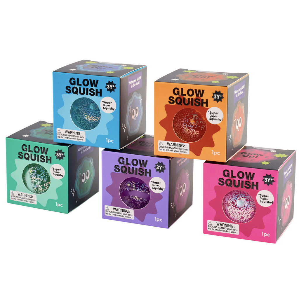 Five boxes stacked on one another holding the Glow Squish from J'adore, each has an opening in the front so the squishiness can be tested. 