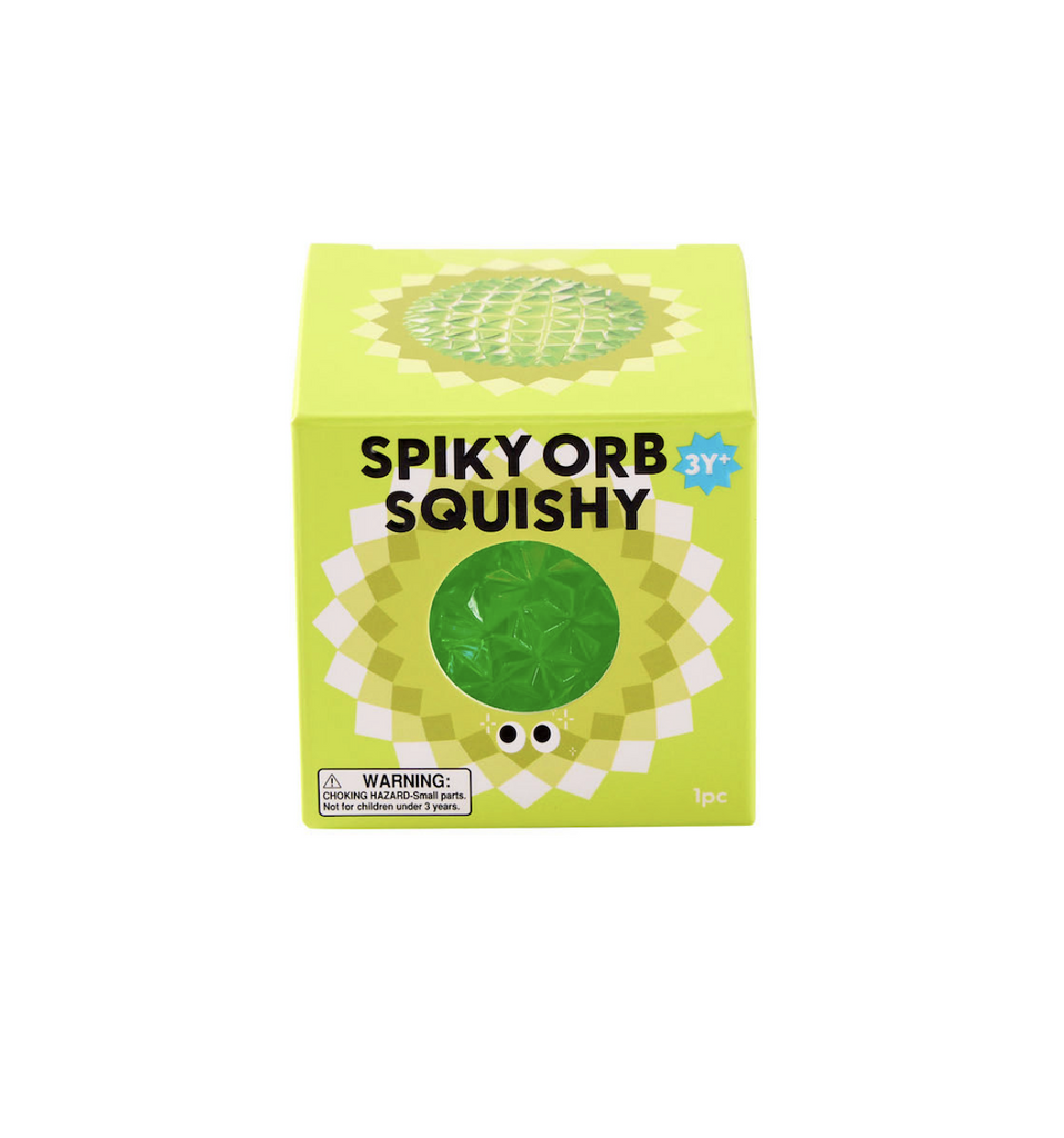 A bright green box holding a green Spiky Orb Squishy, complete with an opening so you can test and see how squishy it really is 