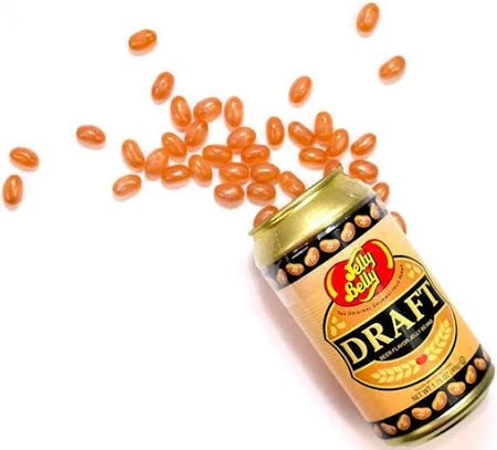 Jelly Belly beer can on it's side with jelly beans spilling out.