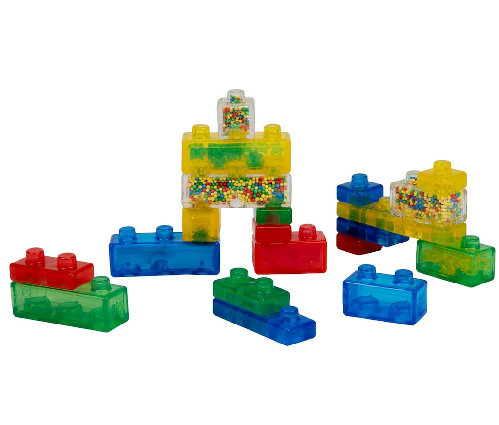 Red, yellow, green, red, blue and clear jelly blox. 