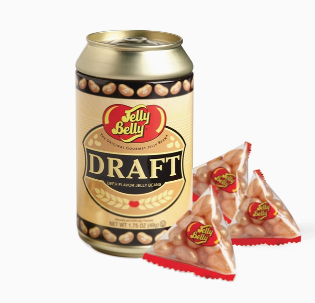 Tin beer can made to look like a beer with three bags of Jelly Belly jelly beans on the side