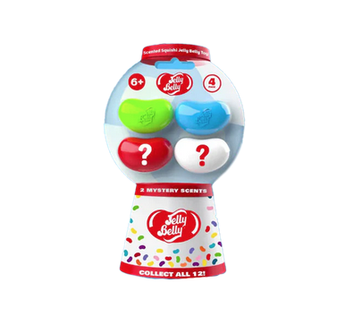 Bubblegum machine shaped cardboard package with 4 jelly belly bean squish toys. 