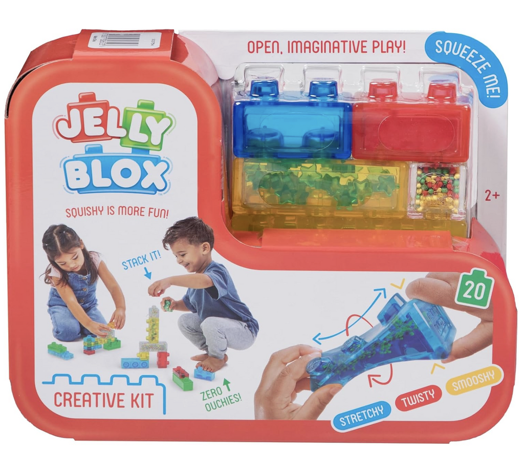 Jelly Blox Creative Kit package with pictures of kids playing with the blox and a few blox on display. 