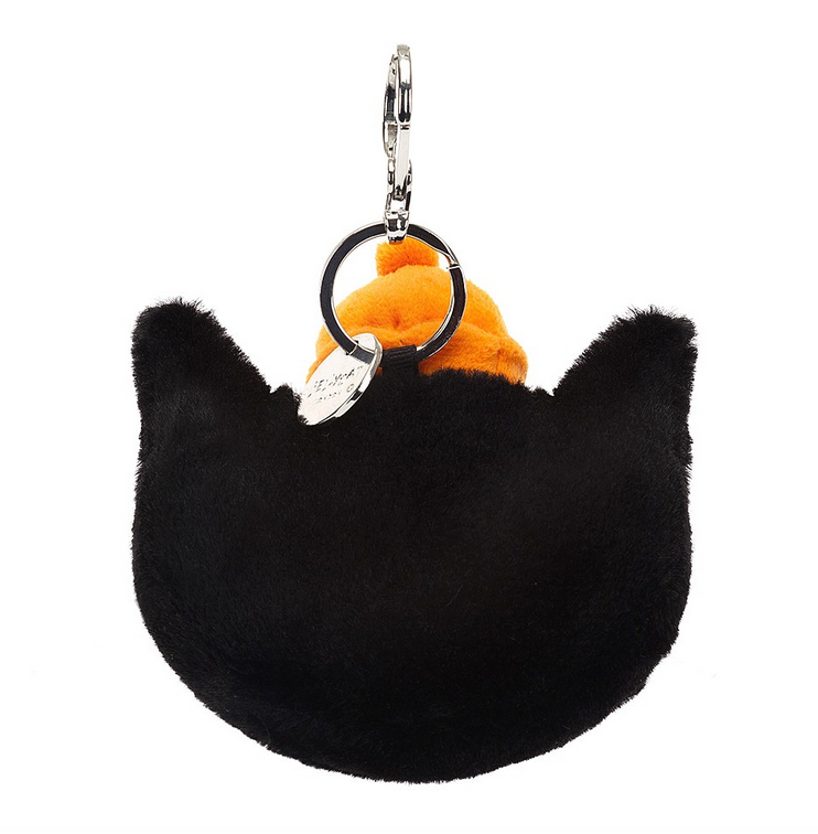 Back of the Jellycat Bag Charm with soft black fur and the silver claw clip. 