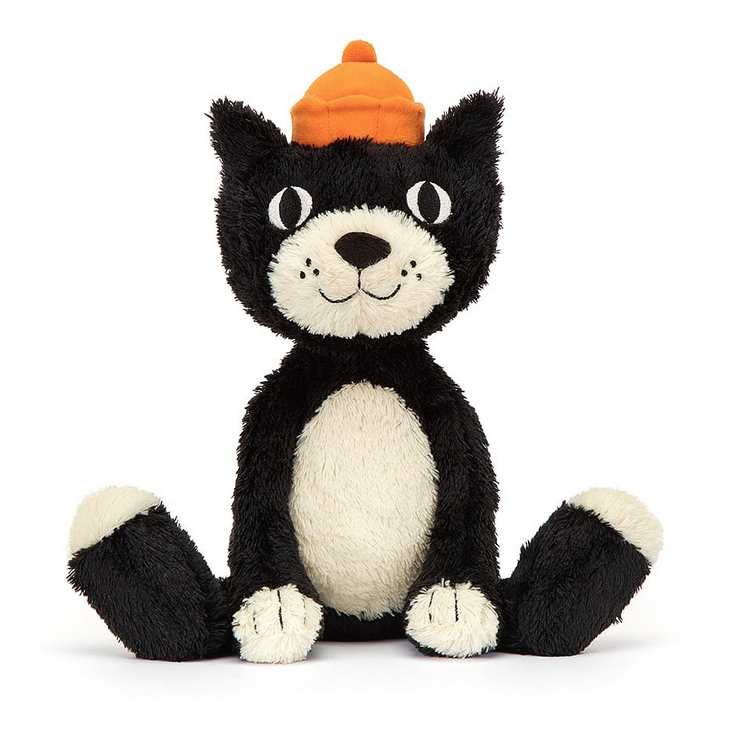 Plush tuxedo cat has soft tufty fur, huge stitched paws and a friendly smile. With a long curved tail and iconic orange hat Jellycat Jack is in a seated position and facing forward.