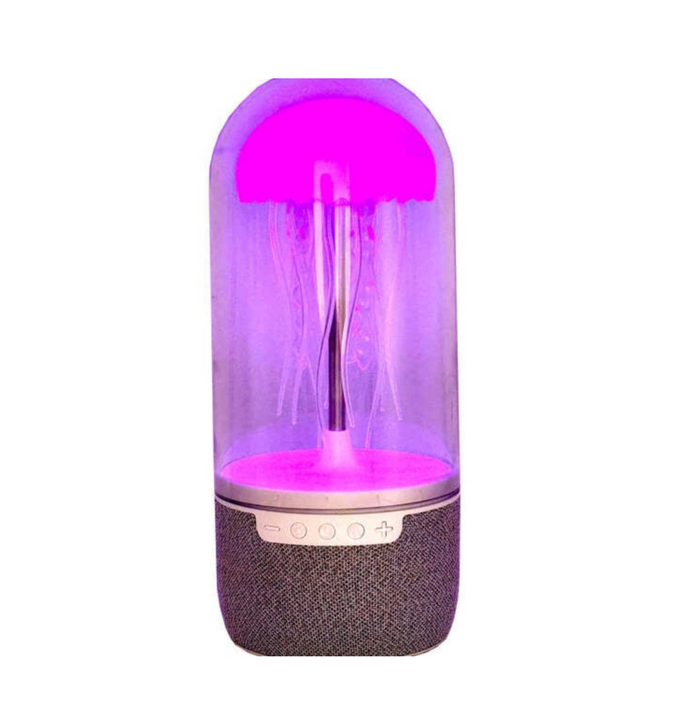 The Jellyfish Mood Lamp and Speaker illuminated to a dark pink, purplish glow. 