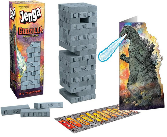  54 hardwood Jenga blocks, 1 die, game board, collectible Godzilla loading tray, and rules 