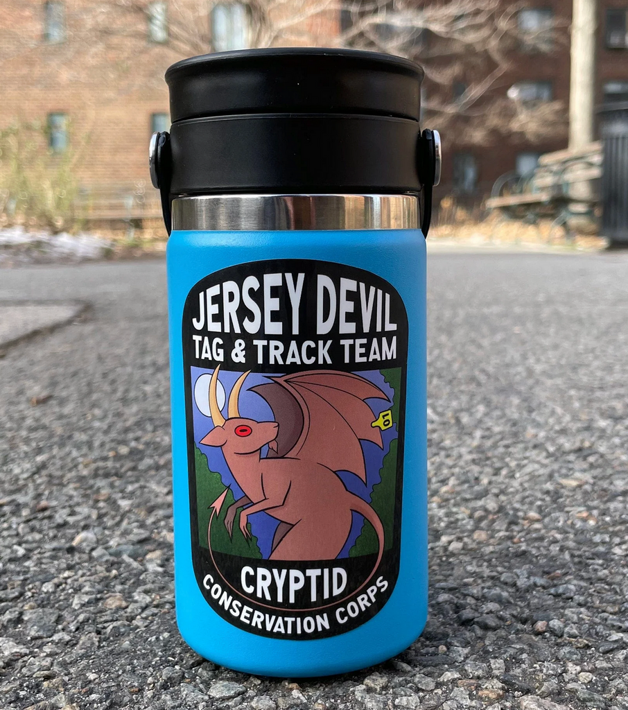 Illustrated sticker with a Jersey Devil that reads "Jersey Devil Tag and Track Team, Cryptid Conservation Corps" on a water bottle. 