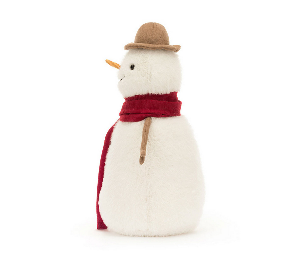 Side view of plush snowman.