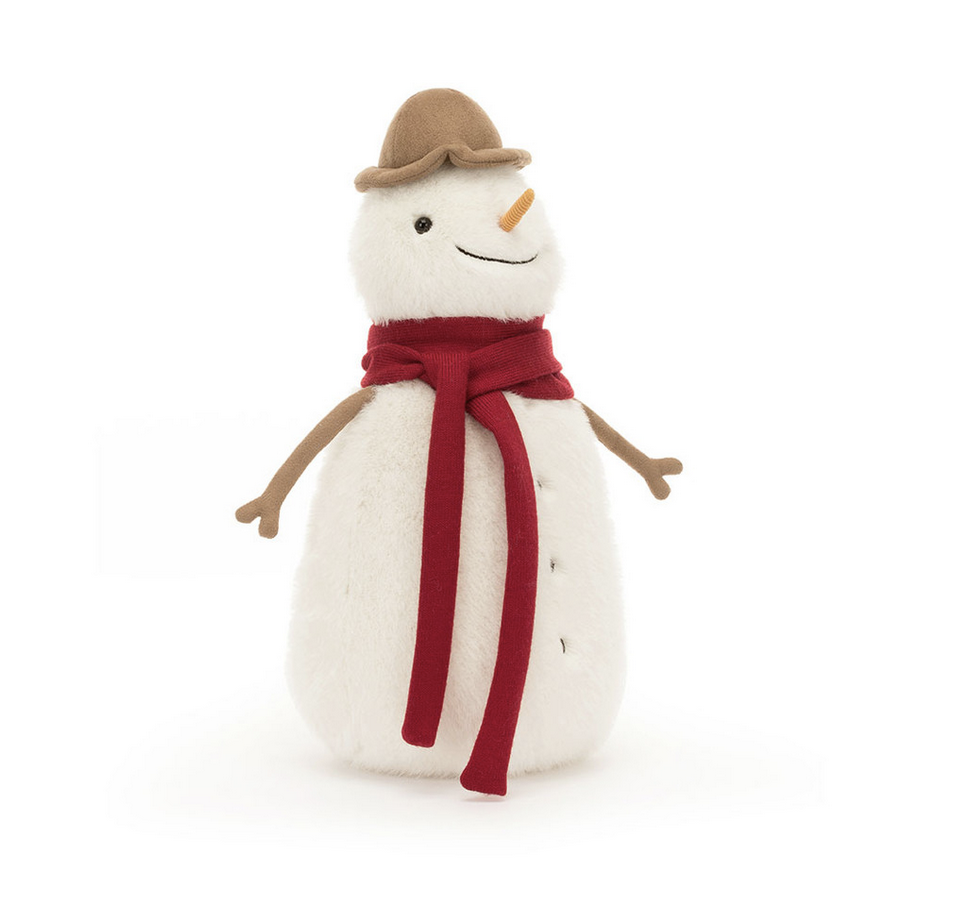 Plush snowman with a brown hat, red scarf, brown stick arms, carrot nose, and smiling face.