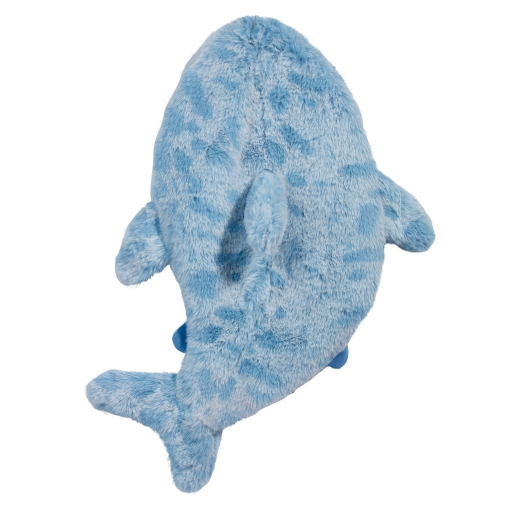 Blue plush shark baby lovey back side on a white background.
