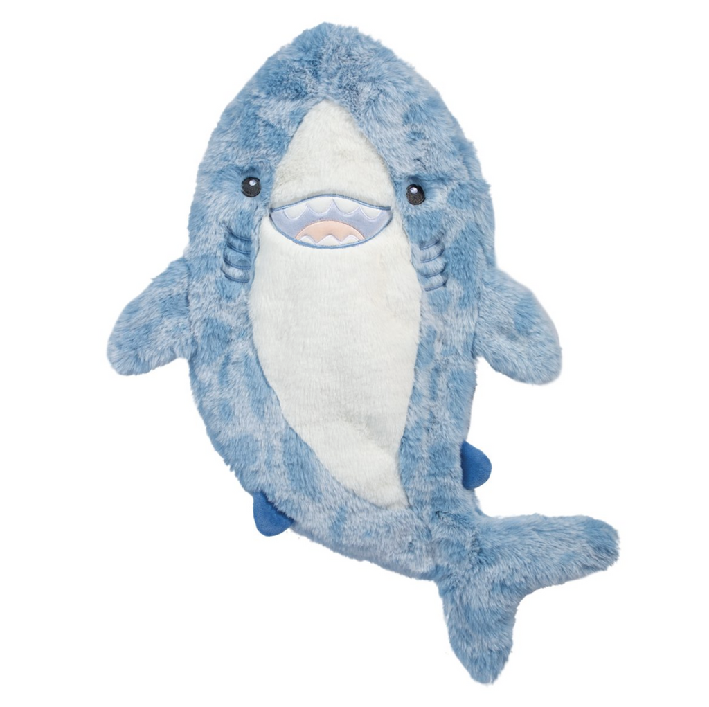 Blue plush shark baby lovey on a white background.