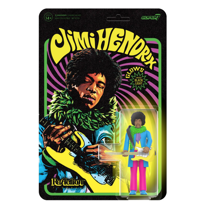Jimi Hendrix Action figure in clear plastic packaging on a flocked backing card with illustration of Jimi Hendrix and dayglo lettering.