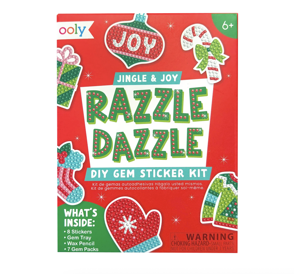 Festively illustrated cover of the Jingle & Joy Razzle Dazzle DIY Gem Sticker Kit with examples of the holiday stickers included in the kit. 