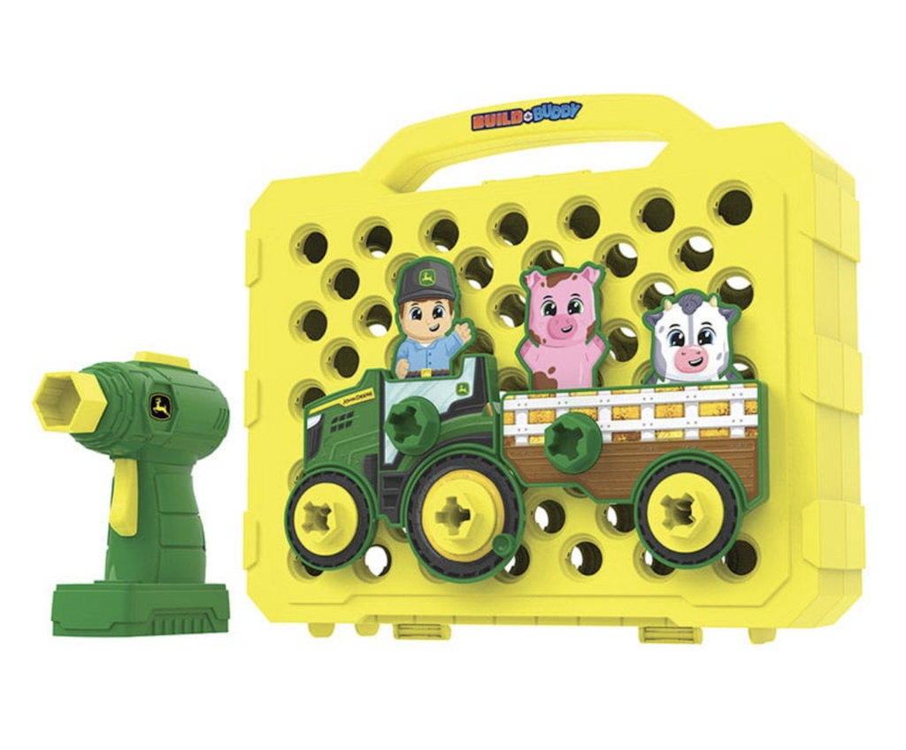 The John Deere Build A Buddy Activity Board folded up and showing on side of the yellow board with large holes that allow the chunky farm themed pieces to be attached using the toy drill which is set beside the activity board. 