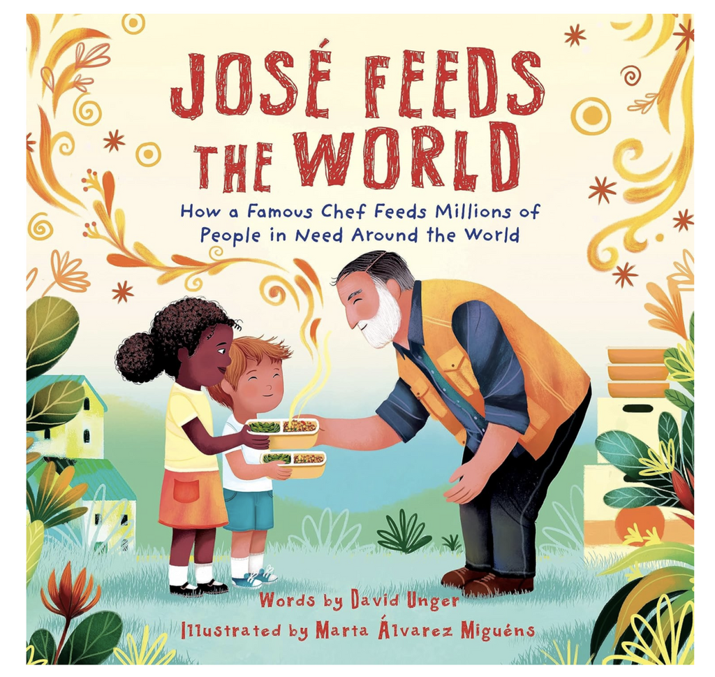 Illustrated cover for Jose Feeds the World depicting Chef Jose Andres giving a warm meal to a couple of children. 