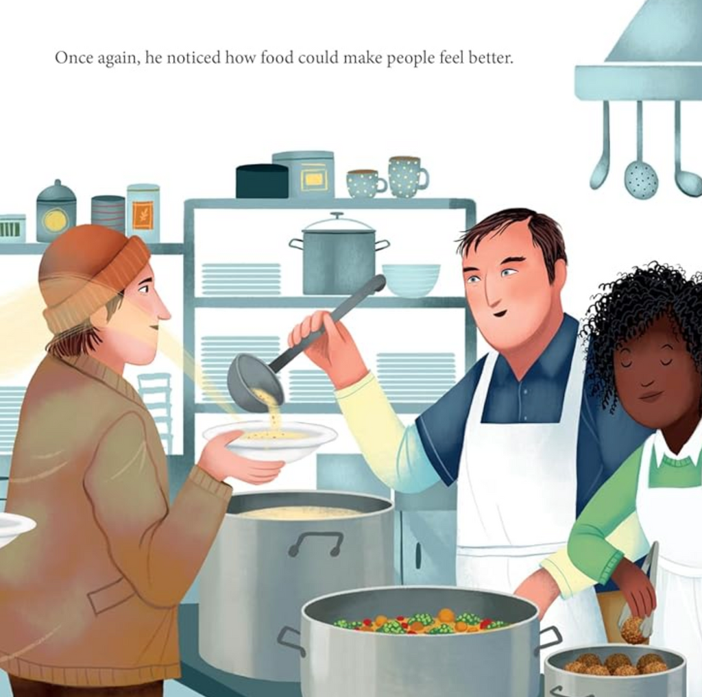 Interior page from the story of Jose Feeds the World with an illustration of  Chef Jose working a soup kitchen. 