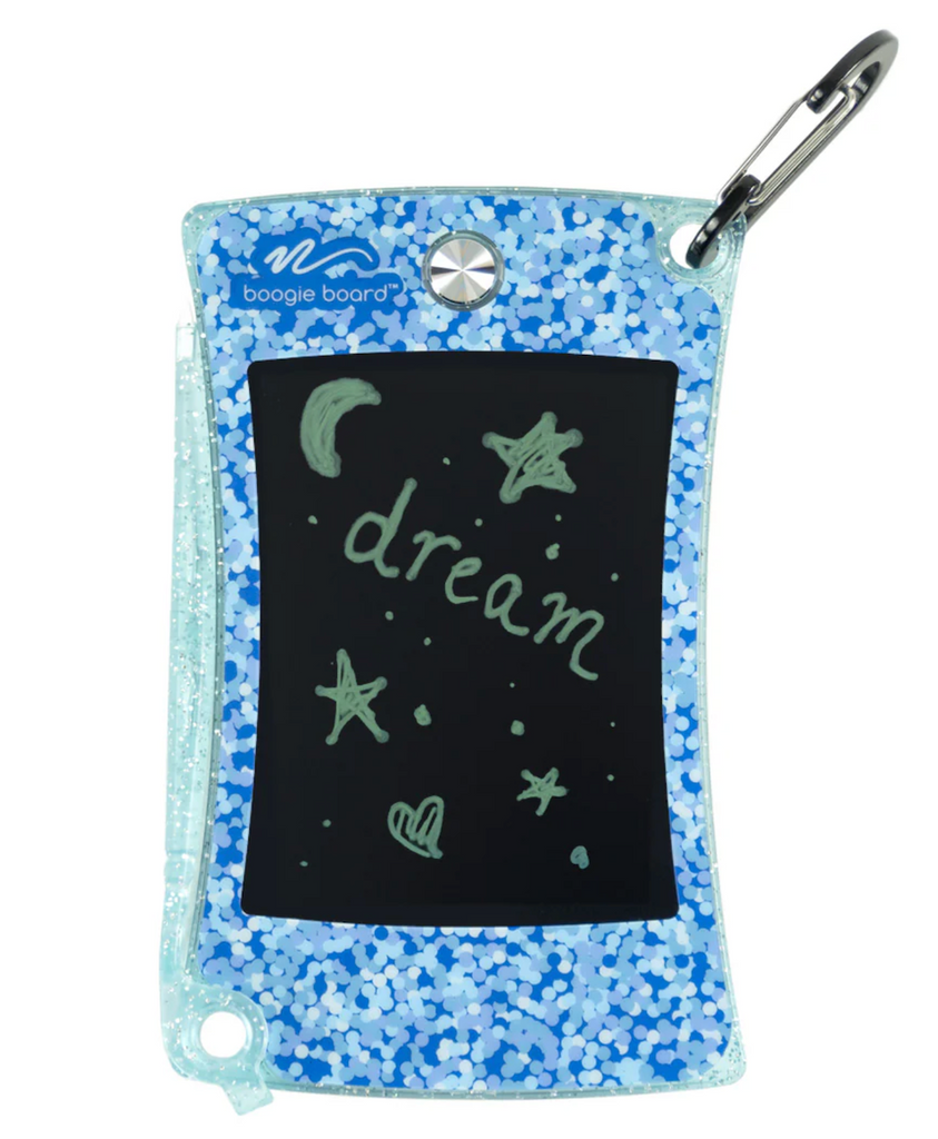 Close up view of the Jot Pocket Writing Tablet in Blue Shimmer. 