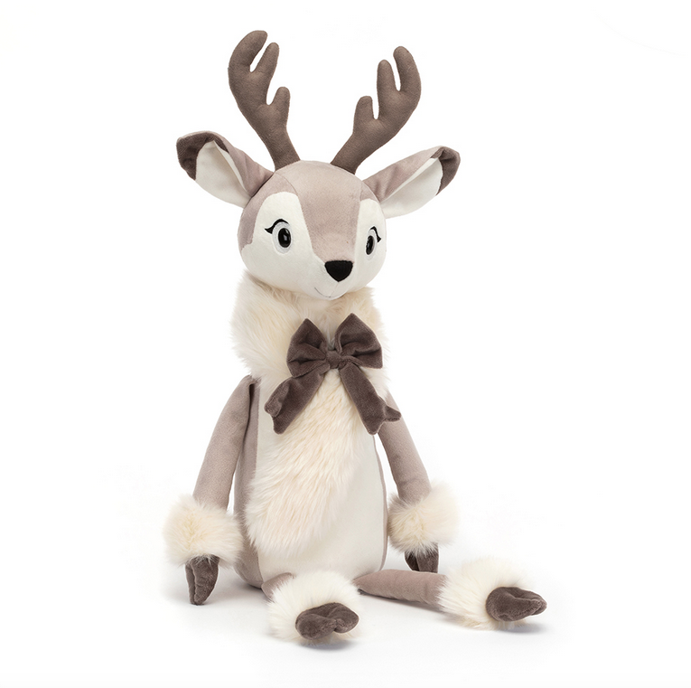 Light brown plush reindeer with darker brown antlers, hooves, and neck bow with a white fur collar.