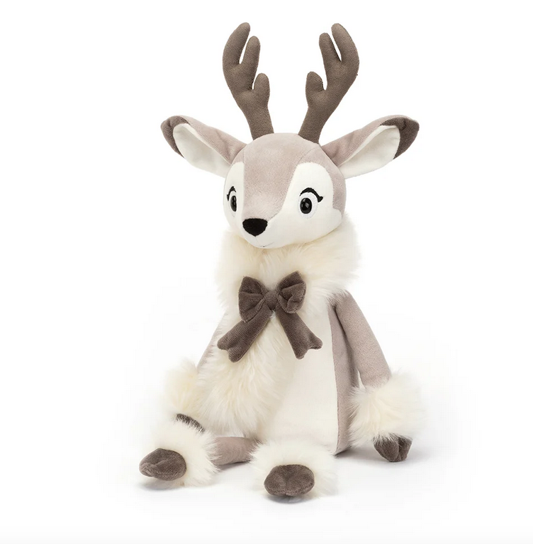 Medium Joy reindeer plush is a light brown and white seated reindeer with dark grey hooves, antlers, neck bow, and white furry collar.