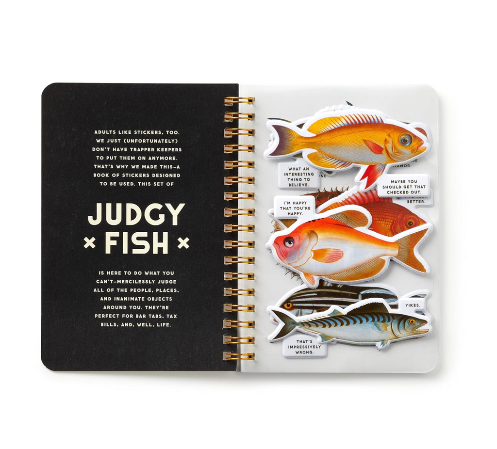 Internal page from the Judgy Fish sticker book with several fish stickers with judgy phrases. 