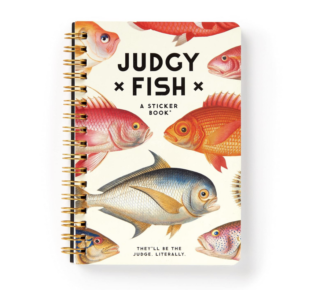Illustrated cover of the Judgy Fish sticker book with different fish. 