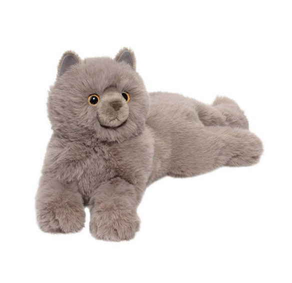 Plush persian cat with soft lilac gray fur with an outstretched form. 