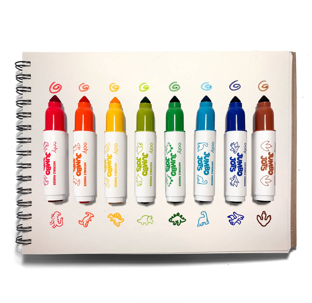 Set of 8 colorful markers with dual tips, one end a traditional cone shaped tip and the other a stamp depicting different dinosaurs. 