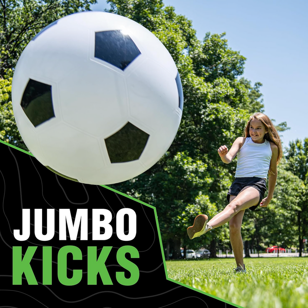 A kid kicking the Jumbo Soccer Ball on a grassy field, with text that reads "Jumbo Kicks"