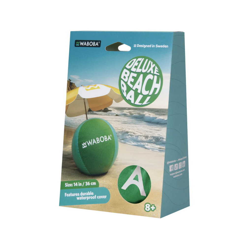Jumbo Beach Ball deflated and packaged in a box with pictures of the green and teal ball inflated on a beach. 