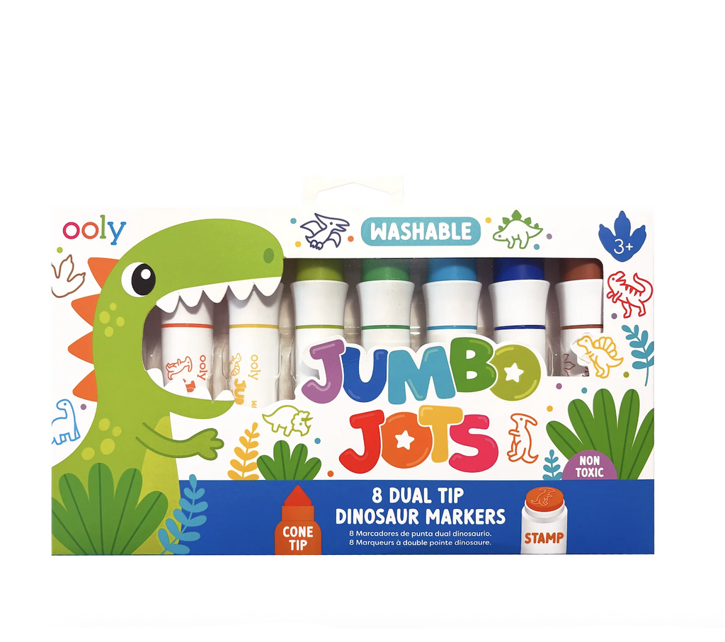 Jumbo Jots Dinosaur Markers packaged in a box with a colorful illustration of a dinosaur and examples of the stamps that are on one end of the marker. 