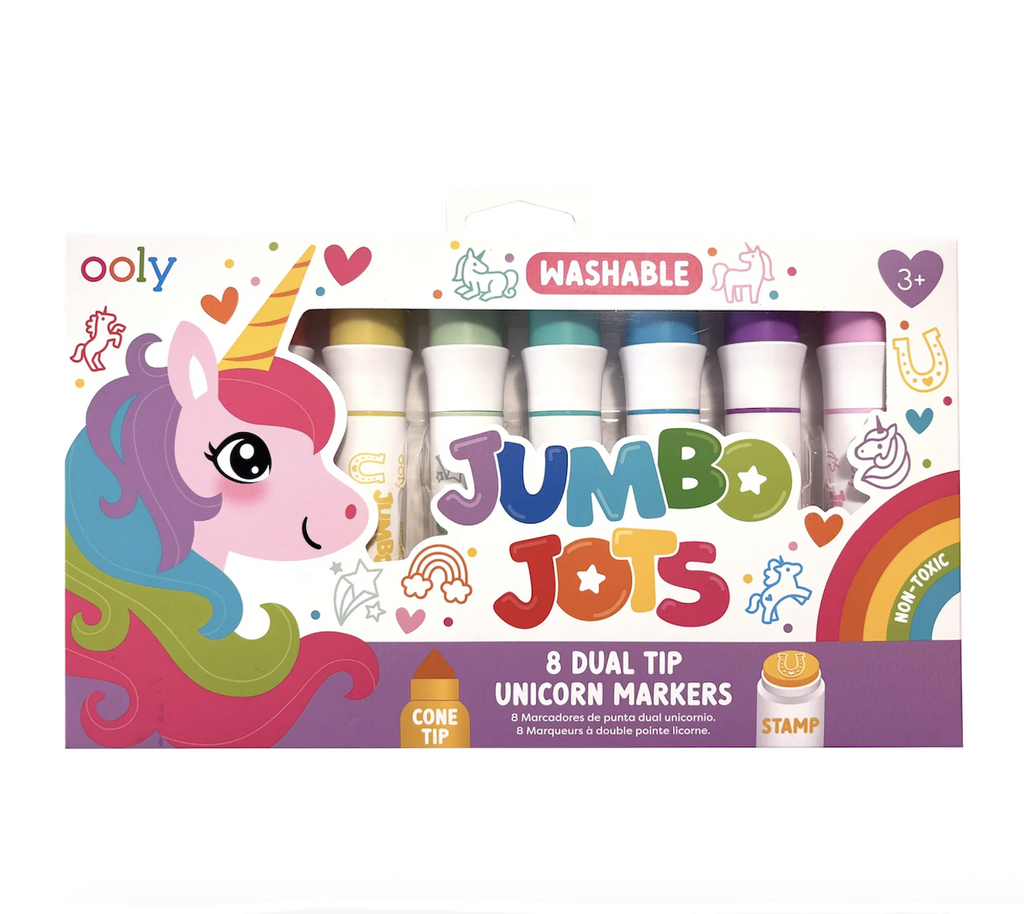 Box of Jumbo Jots Dual Tip Unicorn Stamp Markers with colorful illustrations of a beautiful unicorn and stamps covering the front. 
