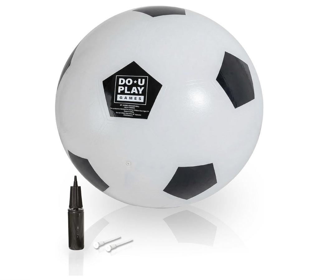 Jumbo, 30" classic white and black soccer ball inflated with the easy pump and 2 plugs. 