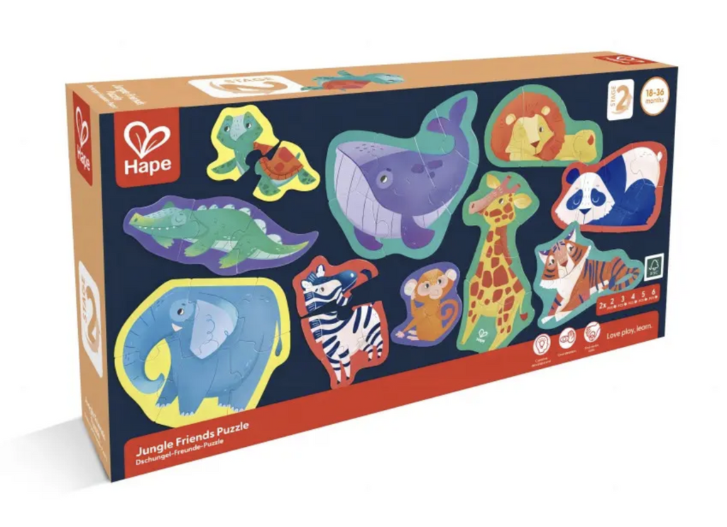 Box containing the Jungle Friends Puzzle with pictures of each of the animal puzzle pieces. 