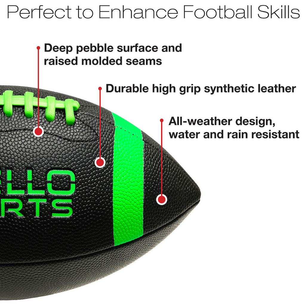 Close up of the black and green Xcello Sports inflatable football. 