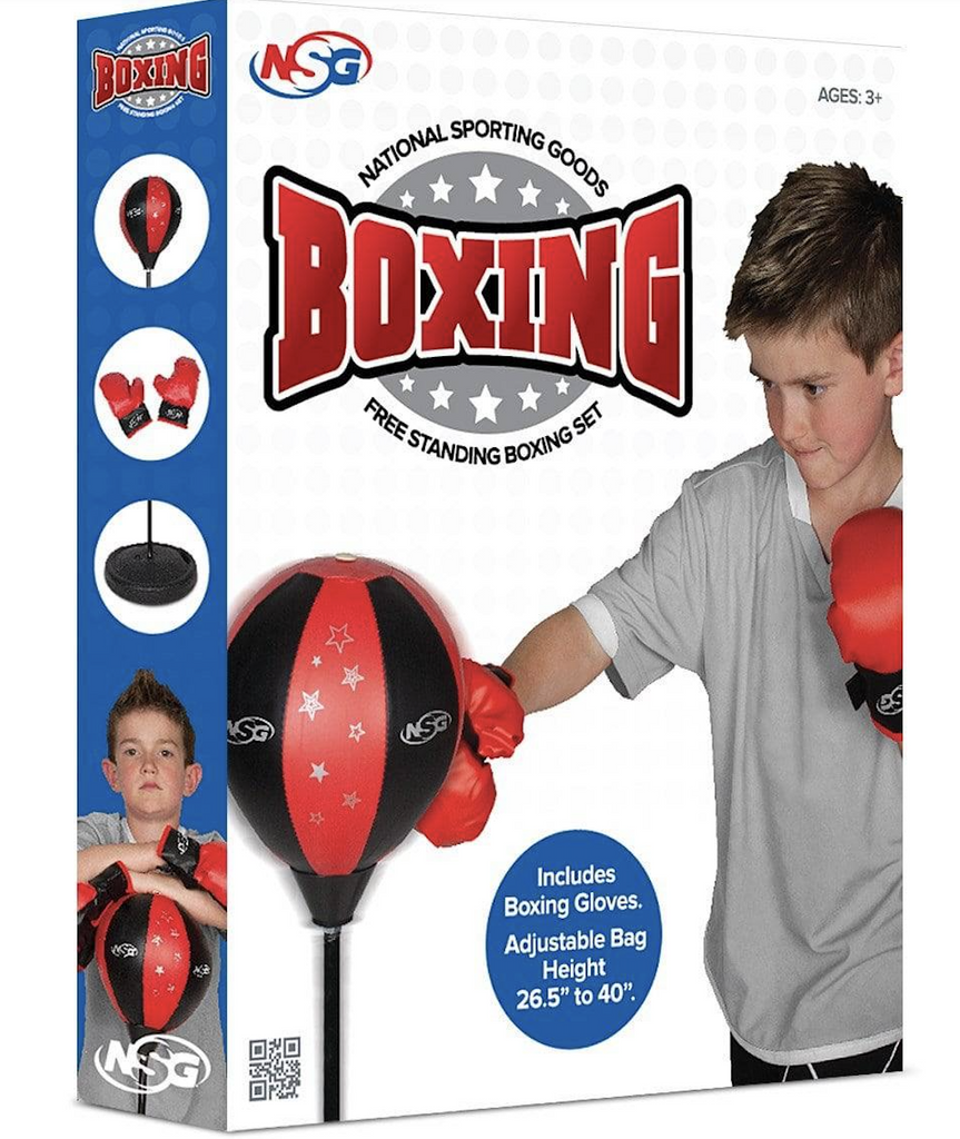 Junior Boxing Set box with pictures of kids wearing the boxing gloves and punching the free standing punching bag. 