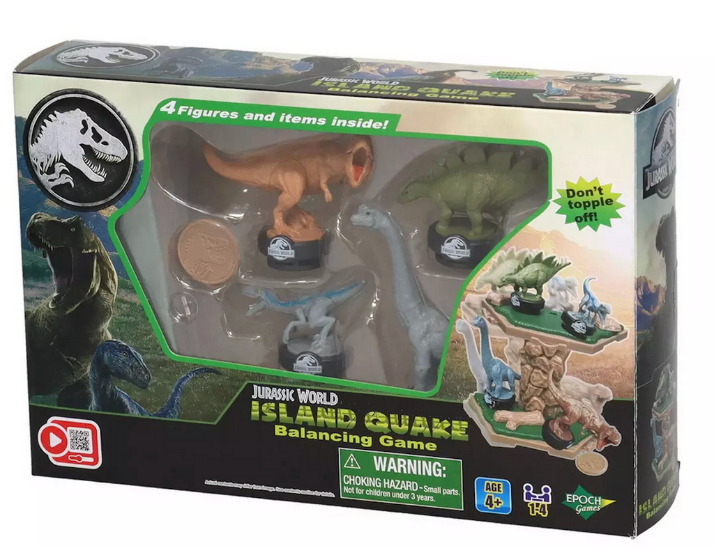 Box with four dinosaur figures and island. 