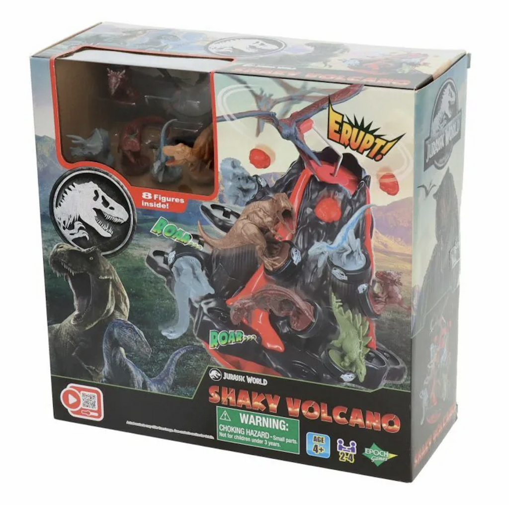 Jurassic World Shaky Volcano game packaged in a box with images of dinosaurs from the movie and the game in play. 