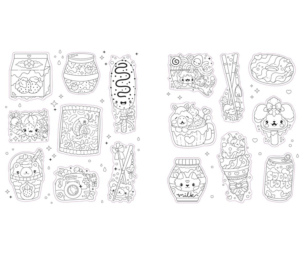 Interior pages from the K-Pop Color Your Own Sticker Book with adorable chibi-inspired illustrations, for you to color and  customize.