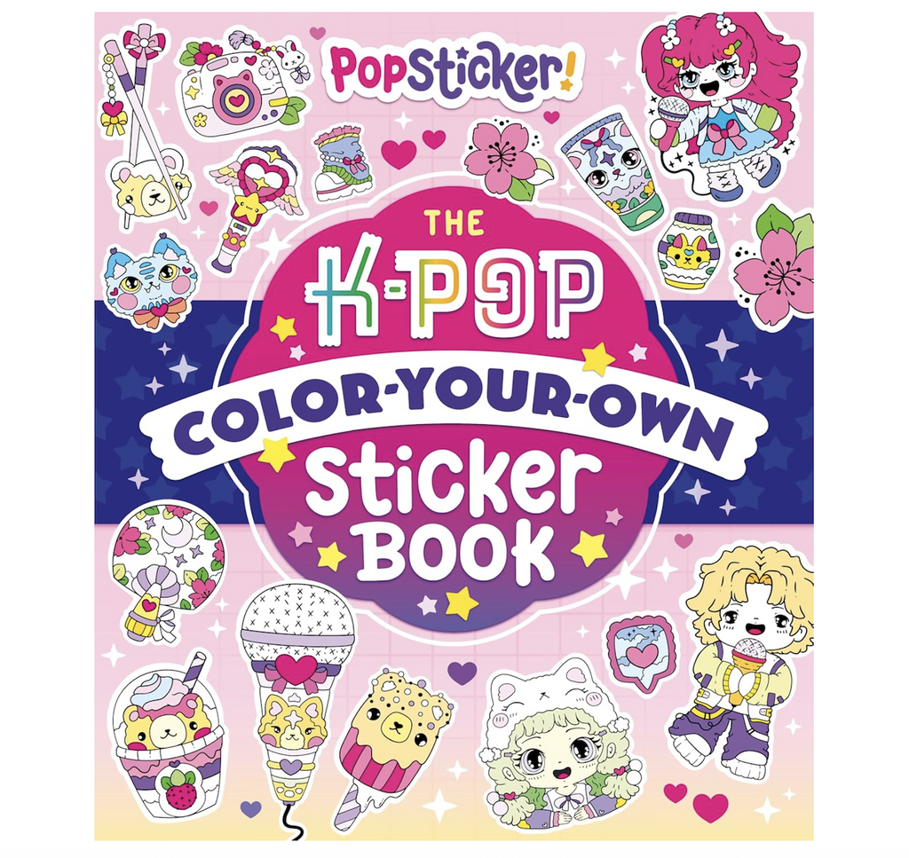 Colorful cover for The K-Pop Color Your Own Sticker Book featuring illustrated examples of the adorable, chibi-inspired  stickers in bright colors. 