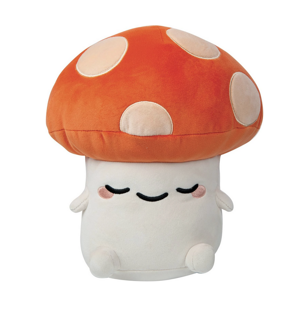 Kai Mushroom Mochi Plush with an orange and white spotted cap and cute smiling face. 