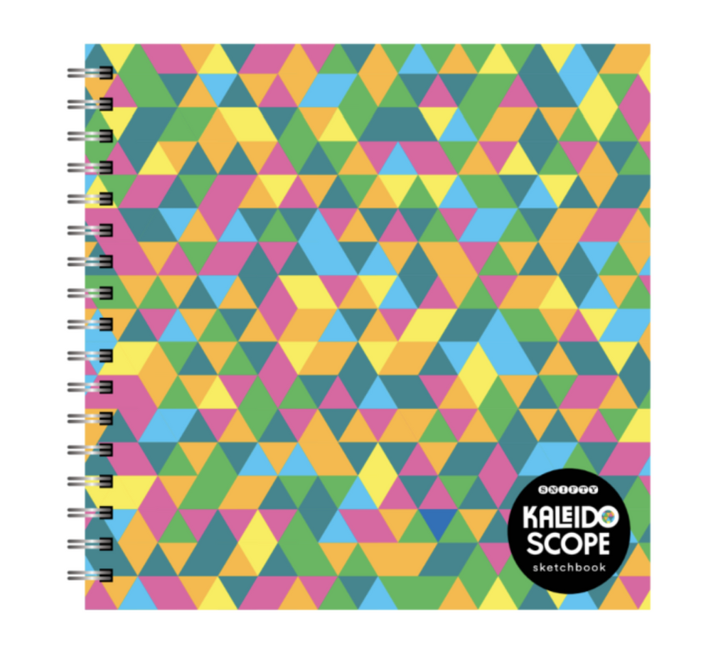 Colorful cover of the spiral bound Kaleidoscope Sketchbook with multicolored geometric shapes all over it. 