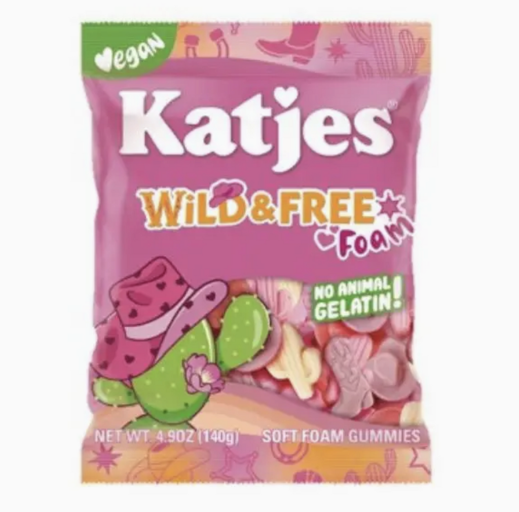 Katjes Wild & Free Foam Gummies in a pink bag with a cowboy hat and cactus pictured on the front that shows the shapes of the soft foam gummies inside. 