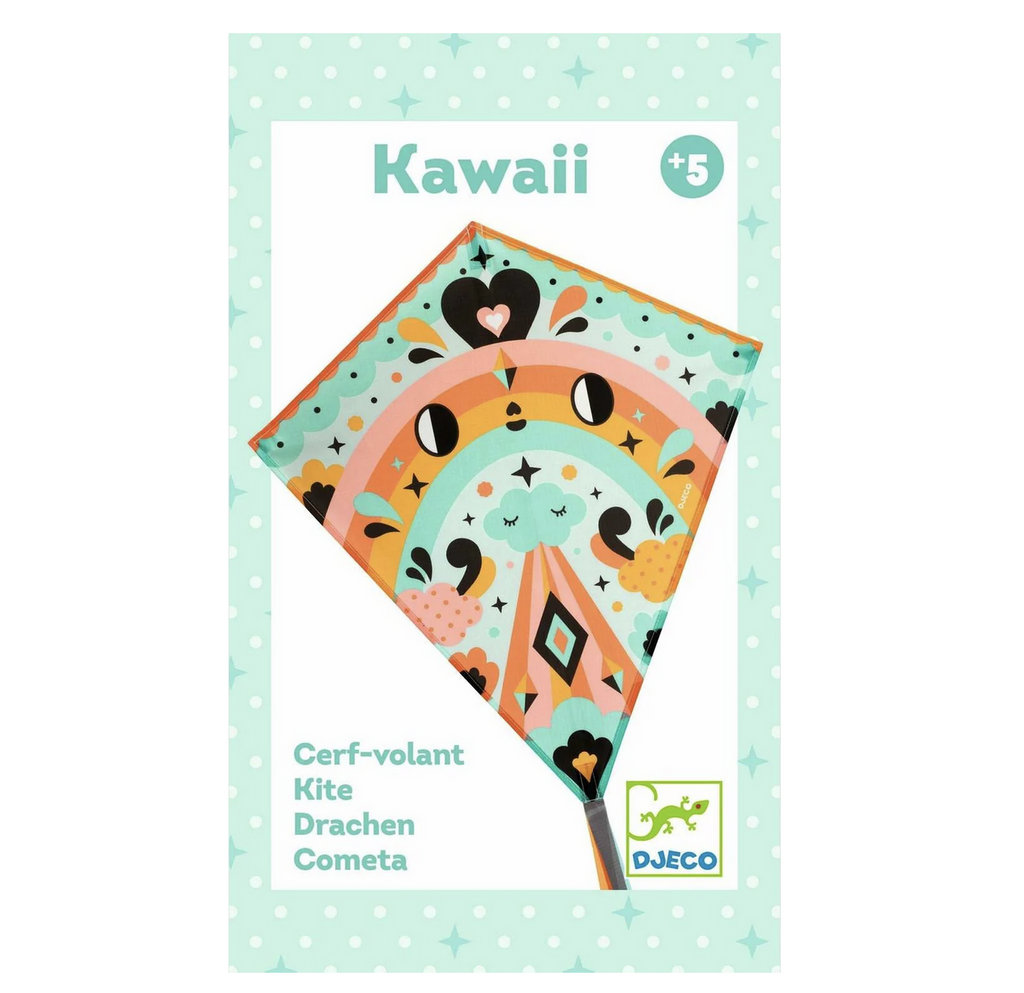 Product card with illustrated image of the colorful kawaii kite. 
